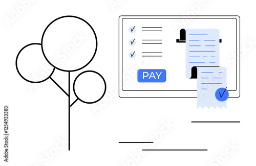 Digital invoices displayed on a screen with checkmarks and a PAY button, alongside a tree. Ideal for online payments, e-commerce, digital receipts, task completion, financial transactions, remote