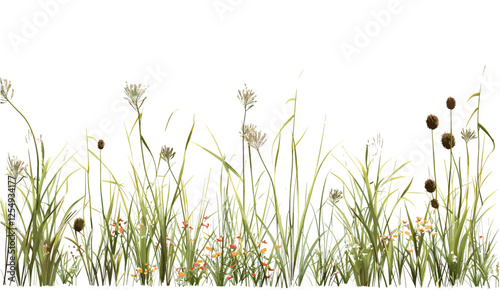 Flowery grass meadow vector illustration, 3d spring design, blooming flowers, transparent PNG, fresh grass, nature background, natural spring meadow, wildflower illustration