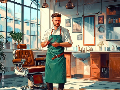 Barber in a stylish apron, holding scissors and a comb, standing next to a barber chair in a modern salon