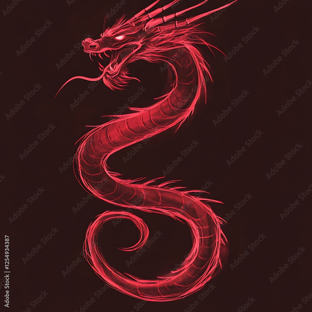 Naklejka premium Crimson Eastern Dragon Serpentine Form Coiled in Mystical Darkness Red Silhouette Mythical Serpent