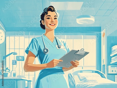 Nurse in a light blue uniform, holding a clipboard, smiling warmly in a clean hospital