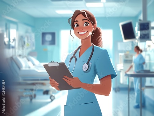 Nurse in a light blue uniform, holding a clipboard, smiling warmly in a clean hospital
