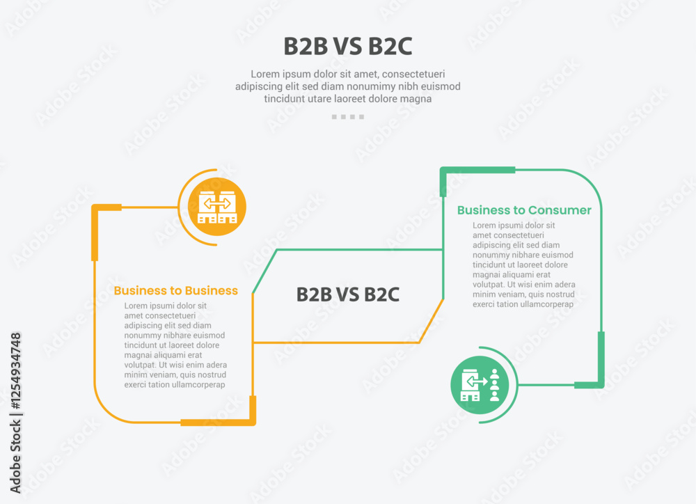 B2B vs B2C infographic outline style with 2 point comparison template with round box with circle connection for slide presentation B2B vs B2C infographic outline style with 2 point comparison template with round box with circle connection for slide presentation