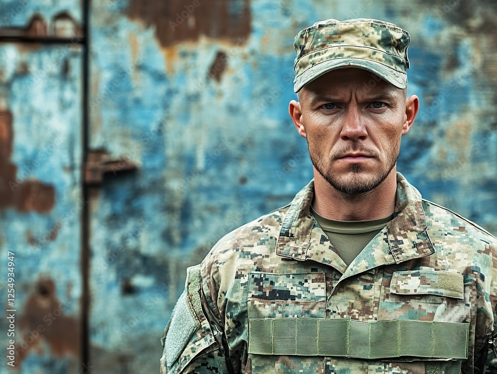 Soldier in camouflage uniform, standing at attention with a determined expression in a training camp Soldier in camouflage uniform, standing at attention with a determined expression in a training camp