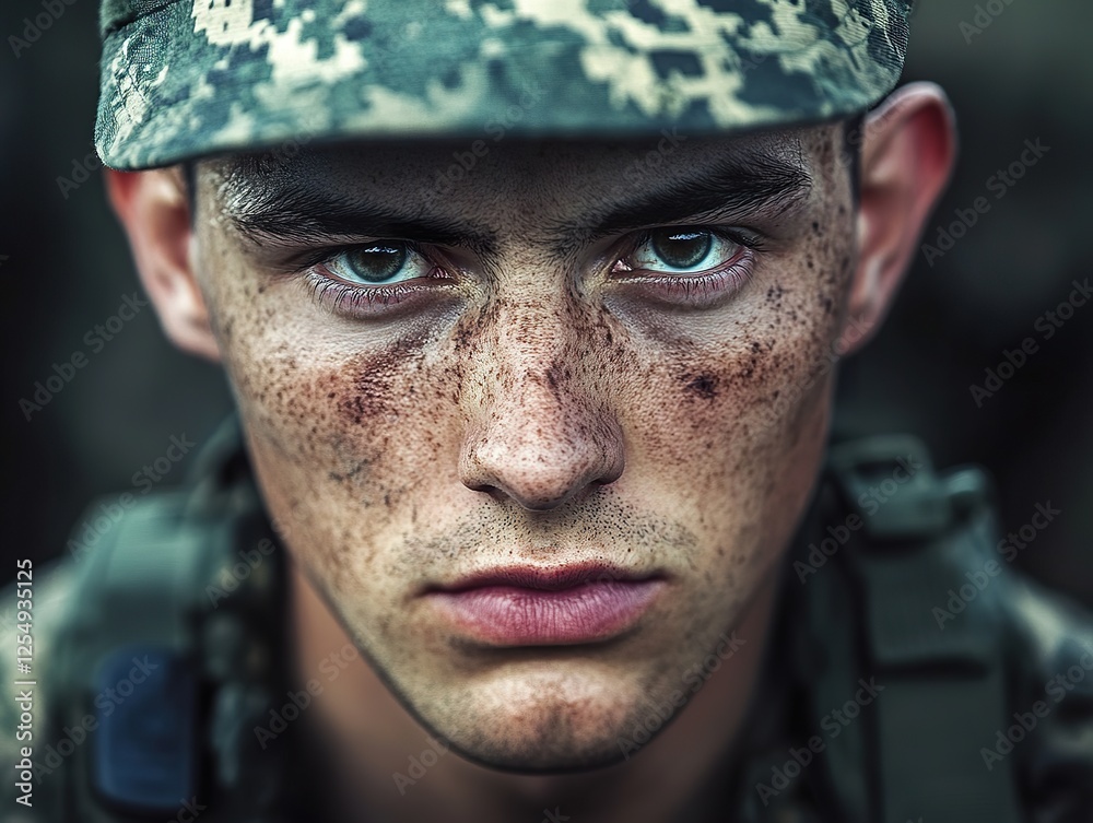 Soldier in camouflage uniform, standing at attention with a determined expression in a training camp