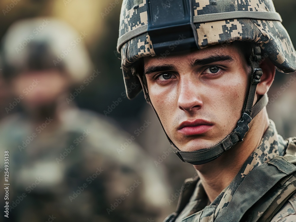 Soldier in camouflage uniform, standing at attention with a determined expression in a training camp Soldier in camouflage uniform, standing at attention with a determined expression in a training camp