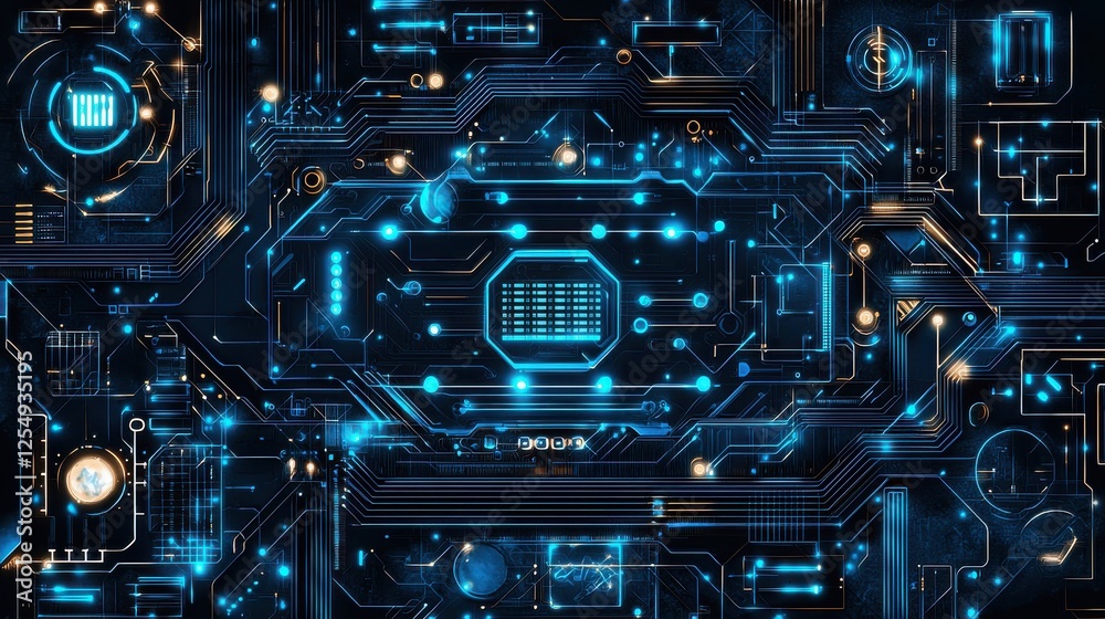 Fototapeta premium Intricate blue and black circuit board design showcasing advanced technology with glowing elements and patterns in a digital environment