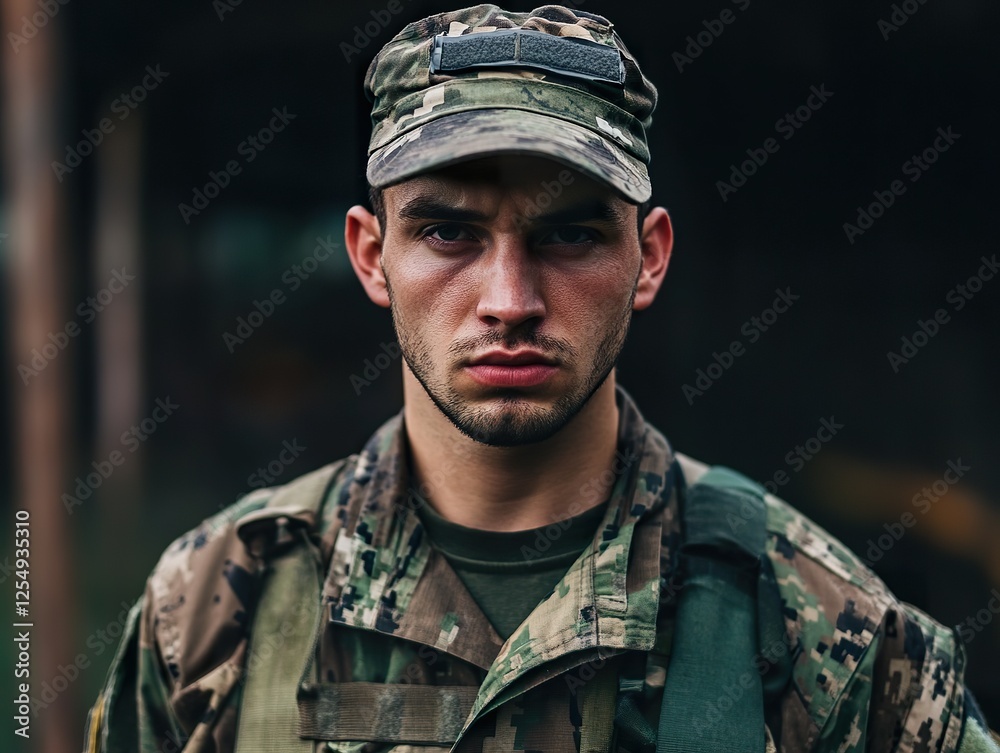 Soldier in camouflage uniform, standing at attention with a determined expression in a training camp Soldier in camouflage uniform, standing at attention with a determined expression in a training camp