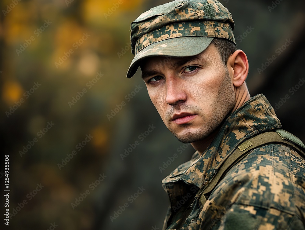 Soldier in camouflage uniform, standing at attention with a determined expression in a training camp