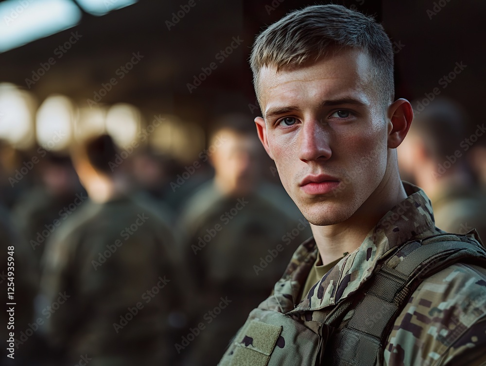 Soldier in camouflage uniform, standing at attention with a determined expression in a training camp Soldier in camouflage uniform, standing at attention with a determined expression in a training camp