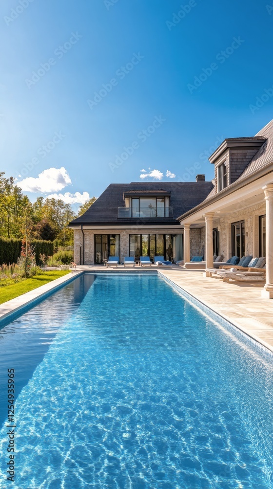 Fototapeta premium Luxurious modern home with a crystal clear pool surrounded by a serene garden on a sunny day