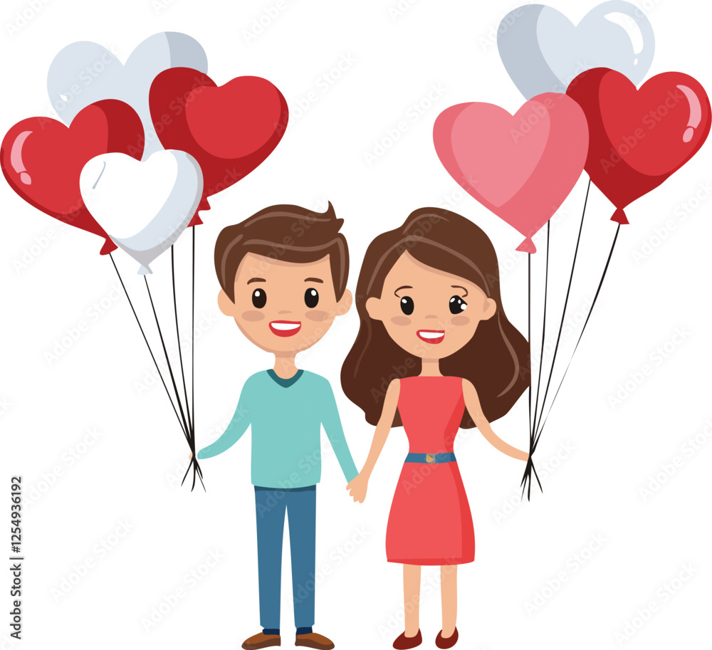 Boy and girl holding balloons. Valentine day vector. Vector illustration.