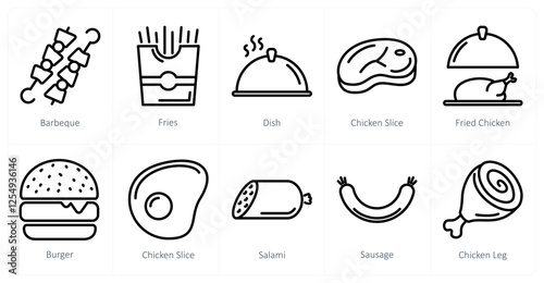 A set of 10 food icons as barbacue, fries, dish