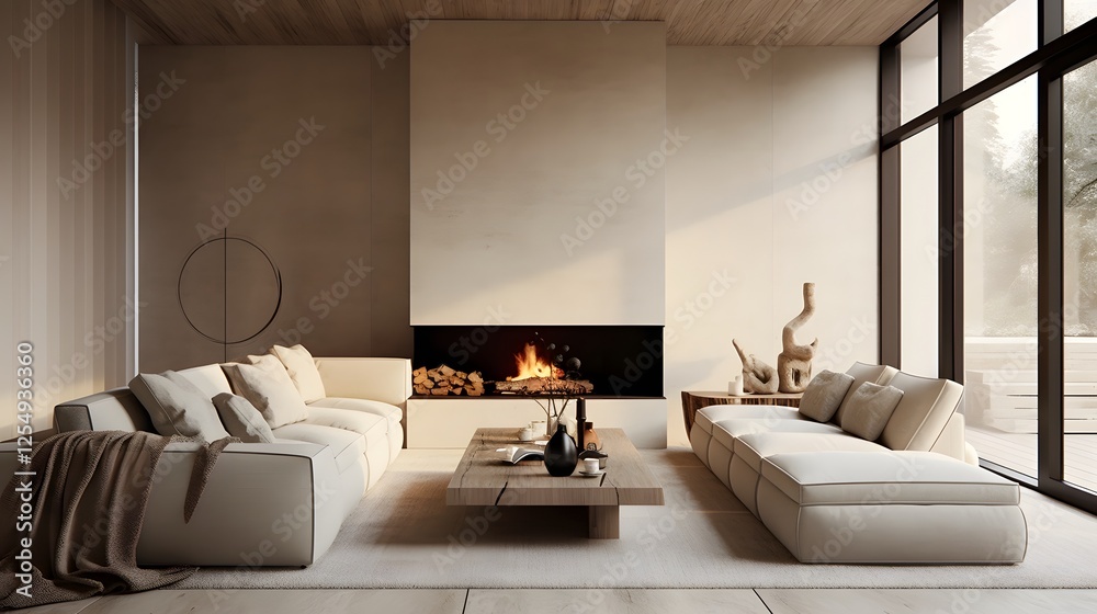 Fototapeta premium Cozy and Minimalist Living Space Featuring Textured Walls Neutral Color Palette and Refined Furniture Arrangement