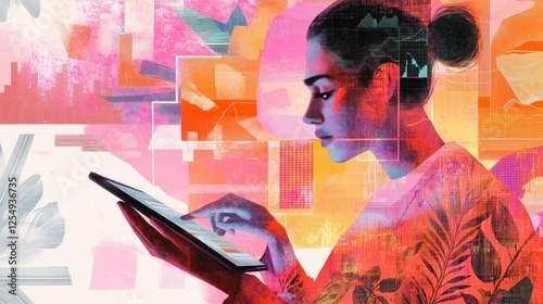 Woman using tablet analyzing data charts digital technology. AI generated