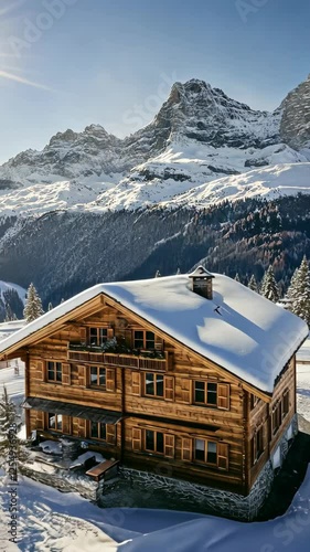 Beautiful wooden chalet in a snowy landscape with mountains in the background