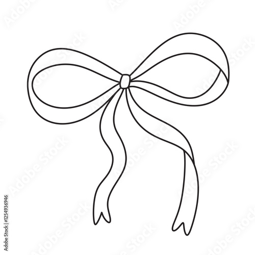 Cute bow with long ribbon. Black contour line outline hand drawn illustration. Simple minimalist black and white vector element isolated on white background