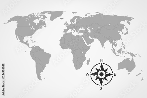 World map with compass. 3d vector illustration