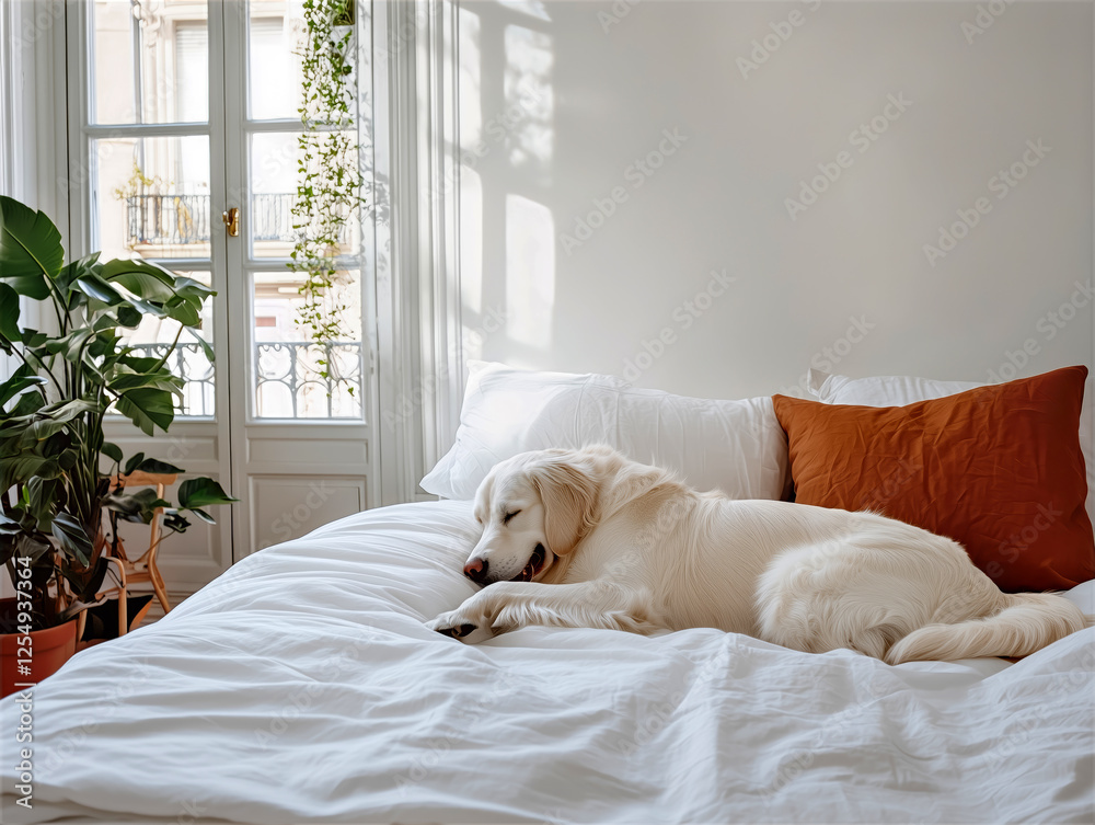 Adorable fluffy labradoodle dog lying on a cozy bed in a bright, modern bedroom, home comfort and pet lifestyle
