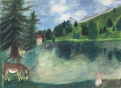 Schilderij op canvas 水彩色鉛筆で描いた湖とロバとウサギのイラストレーション