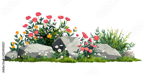 Vector garden design, flower plants, rocks, transparent background, outdoor garden, nature art, floral layout, serene garden, natural elements, beautiful outdoor garden