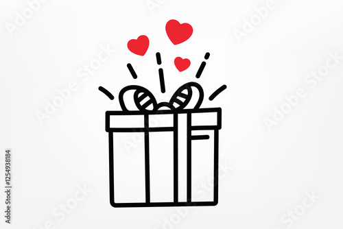 Gift box with red hearts. Vector doodle illustration