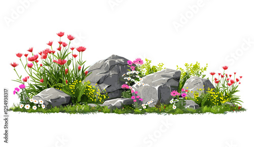 Garden design, flower plants, rocks, transparent background, creative floral layout, outdoor nature design, serene garden elements, peaceful garden, botanical illustration