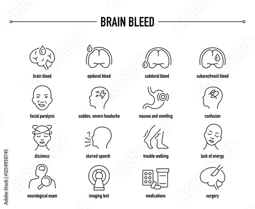 Brain Bleed symptoms, diagnostic and treatment vector icon set. Line editable medical icons.