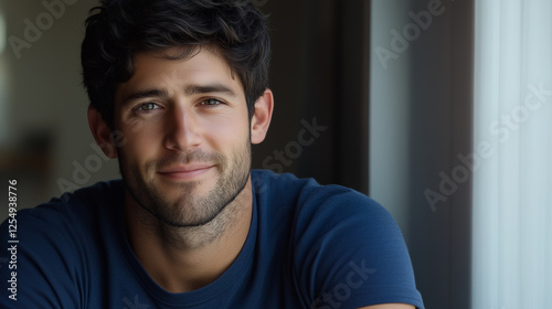 Young European man with blue t-shirt, smiling in head and shoulders portrait under soft window light, minimal grey background, f/2.8 photography style, close-up shot.
