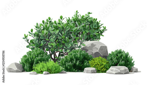 Gardening design composition, green shrubs, nature rock backgrounds, vector illustration, garden landscaping, plants, garden aesthetics, nature decor, outdoor greenery, landscaping