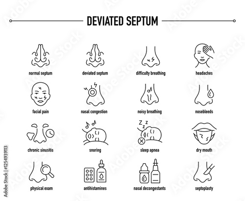 Deviated Septum symptoms, diagnostic and treatment vector icon set. Line editable medical icons.