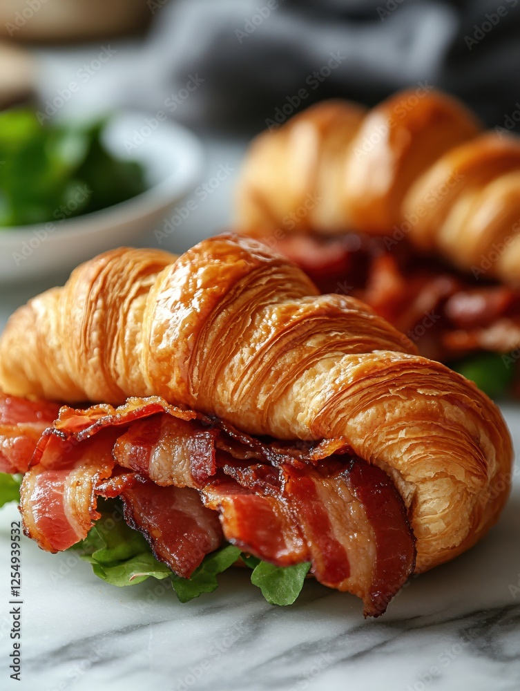 Fototapeta premium Delicious Croissant Sandwich with Crispy Bacon and Fresh Greens on a Marble Surface