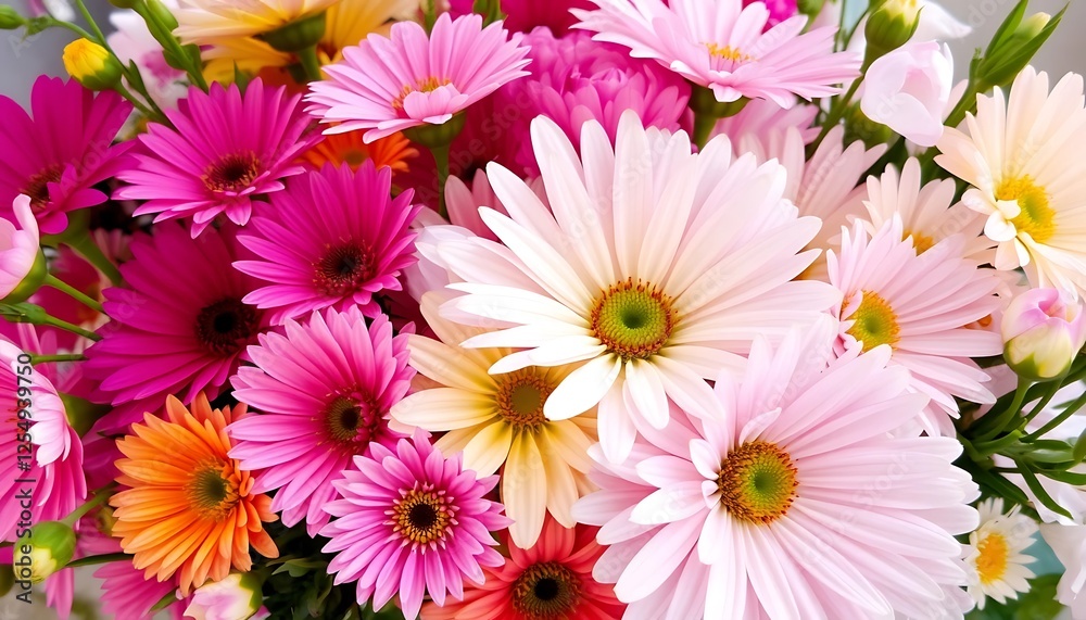 Close-up view of a vibrant bouquet of various pink, orange, and white gerbera daisies, showcasing their delicate petals and bright centers.
