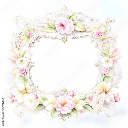 Rococo delicate floral frame with pastel roses on white background for wedding invitations