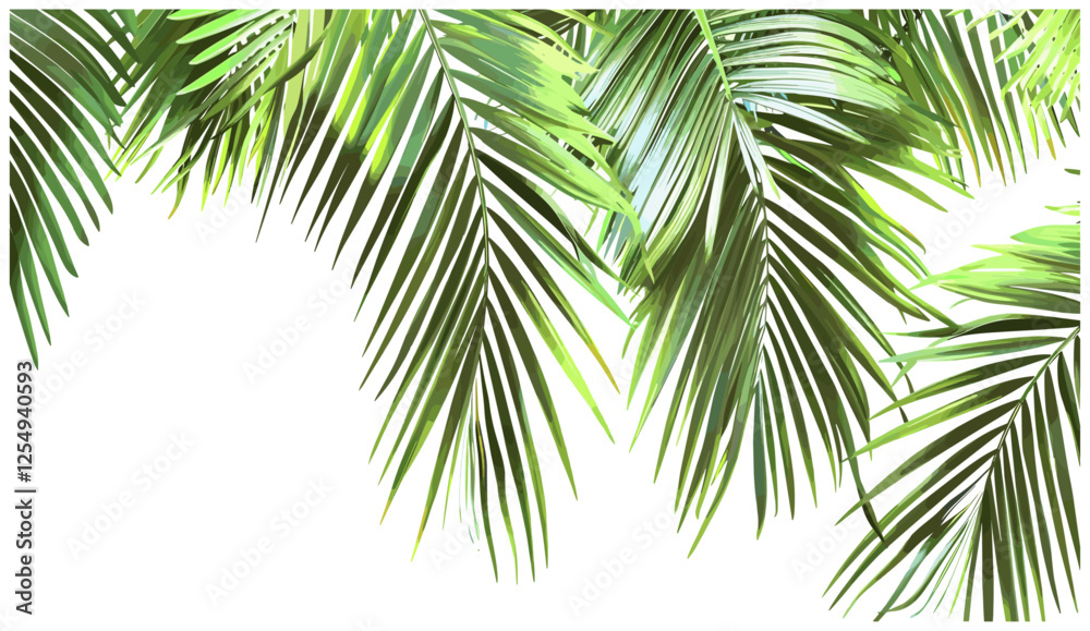 Fototapeta premium Realistic green palm leaves, 3D vector layout, transparent background, corner arrangement, tropical palm, exotic foliage, nature background, PNG illustration, jungle decor, palm tree art