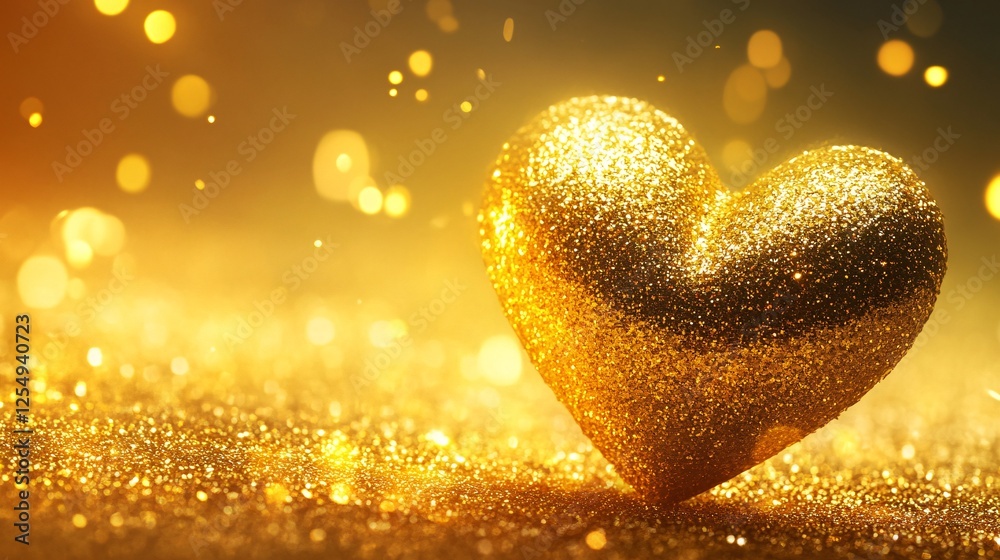 Fototapeta premium A shimmering gold glitter heart on a sparkling golden background, symbolizing love and joy.