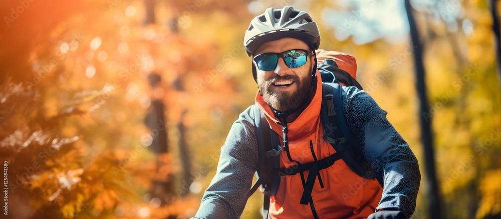 Mature man on bike cycling through the forest Mature man on bike cycling through the forest