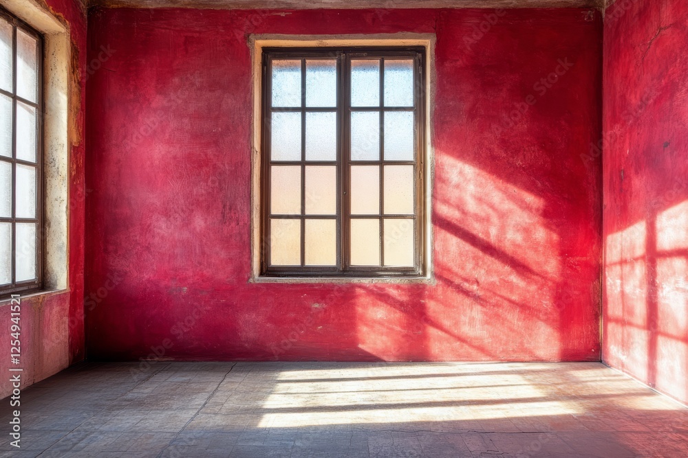 Bright natural light streaming through a large window in a red room with wooden floors Bright natural light streaming through a large window in a red room with wooden floors