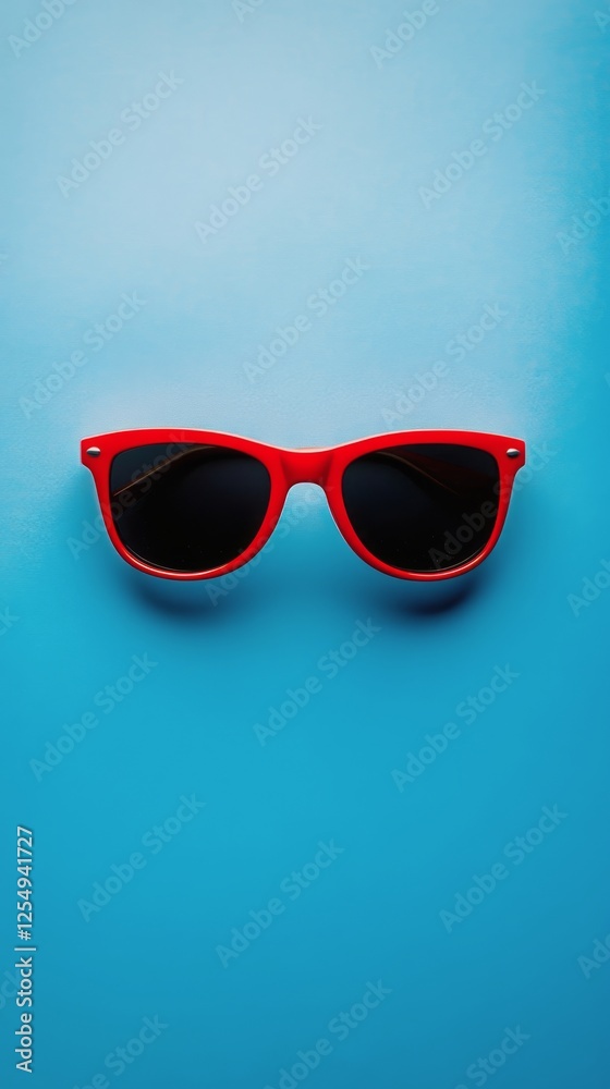 Vibrant red sunglasses rest on a bright blue background in a modern display Vibrant red sunglasses rest on a bright blue background in a modern display