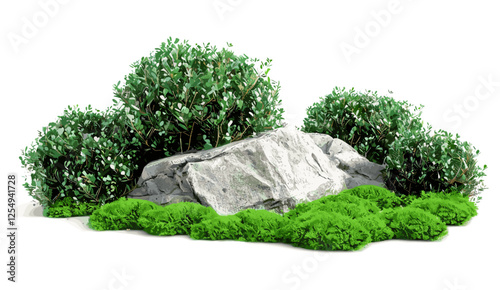 Gardening design with green shrub plants, rock placement, lush green grass, vector illustration, nature plants, garden decoration, green landscaping, botanical greenery