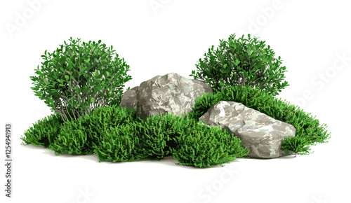 Gardening design with green shrub plants, rock placement, lush green grass, vector illustration, nature plants, garden decoration, green landscaping, botanical greenery