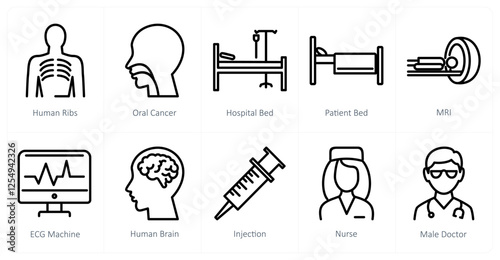 A set of 10 medical icons as human ribs, oral cancer, hospital bed