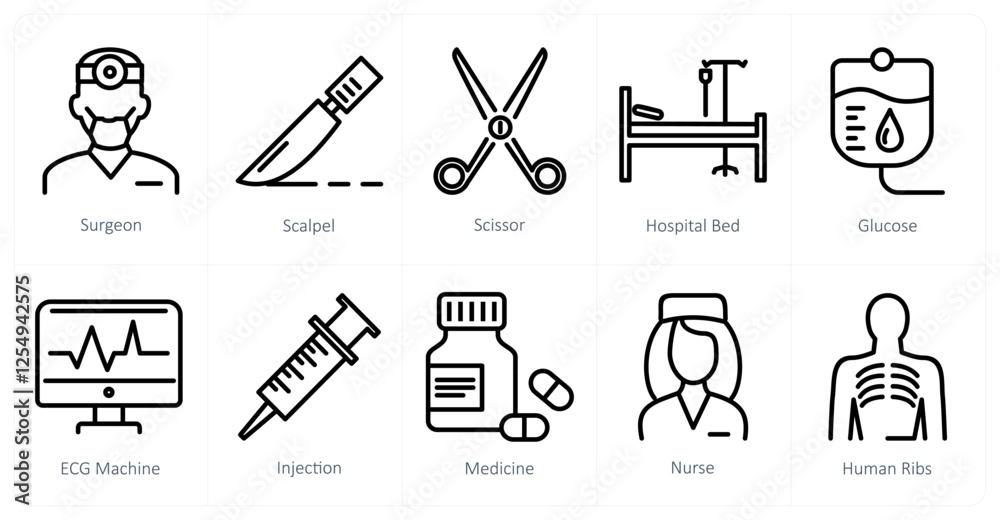 Obraz premium A set of 10 medical icons as surgeon, scalpel, scissor