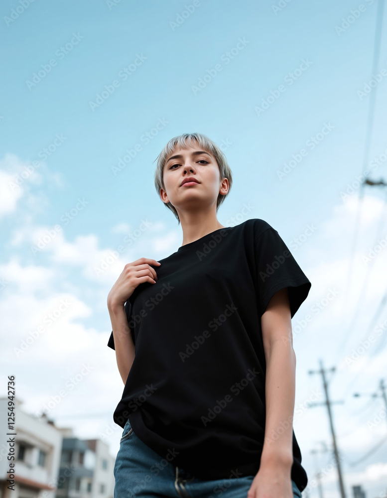 Fototapeta premium T-shirt mockup model outdoor, black plain t-shirt, female model in urban background
