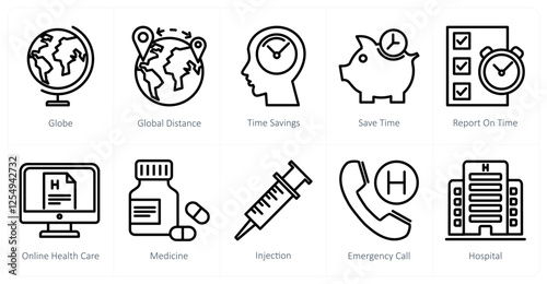 A set of 10 medical icons as globe, global distance, time savings