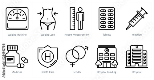 A set of 10 medical icons as weight machine, weight lose, height measurement