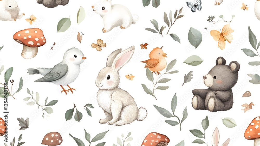 Naklejka premium Charming watercolor pattern with adorable forest animals and foliage