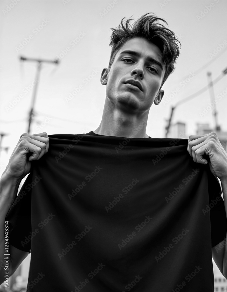 A Young Man Male Model Confident Pose Outdoor Plain Black T-shirt A Young Man Male Model Confident Pose Outdoor Plain Black T-shirt