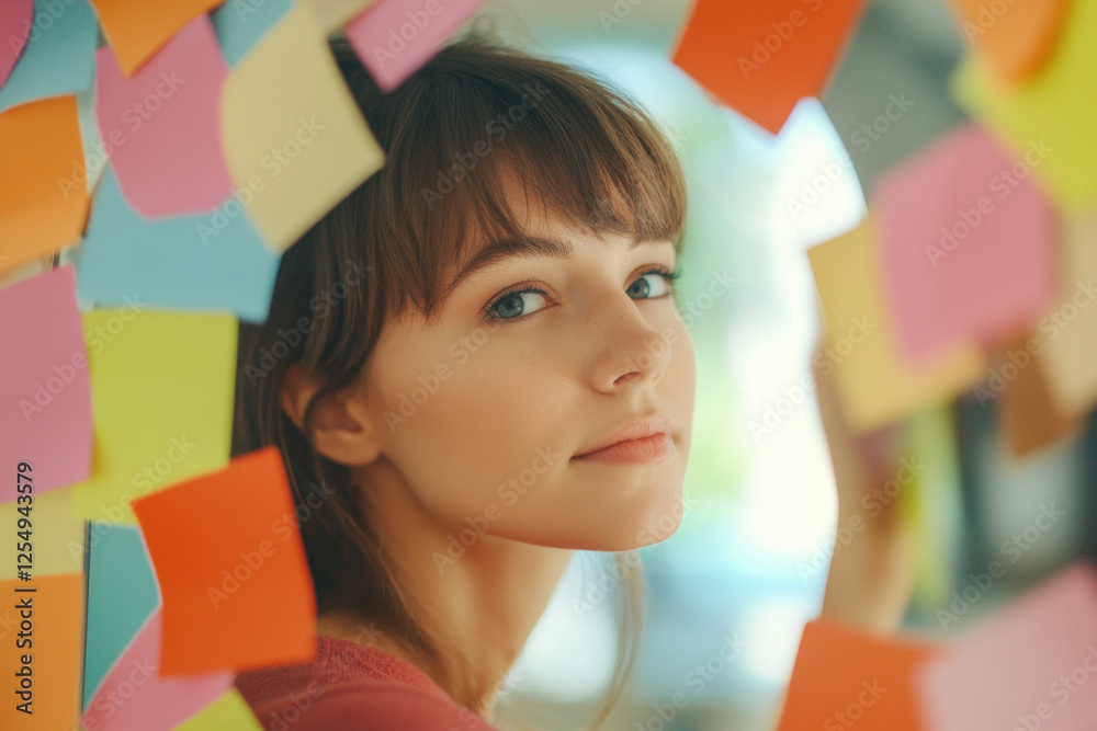 Young Caucasian Female Amid Colorful Sticky Notes in Creative Workspace Young Caucasian Female Amid Colorful Sticky Notes in Creative Workspace
