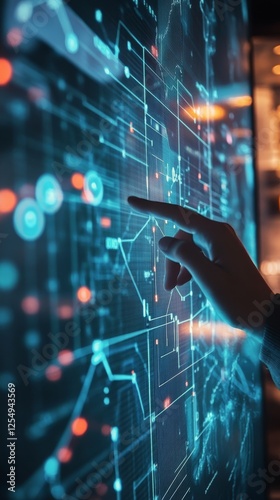 Interacting with a futuristic digital interface displaying data visualization in a high-tech environment